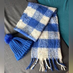 Blue & White Checkered Scarf with Blue Pom Pom Beanie